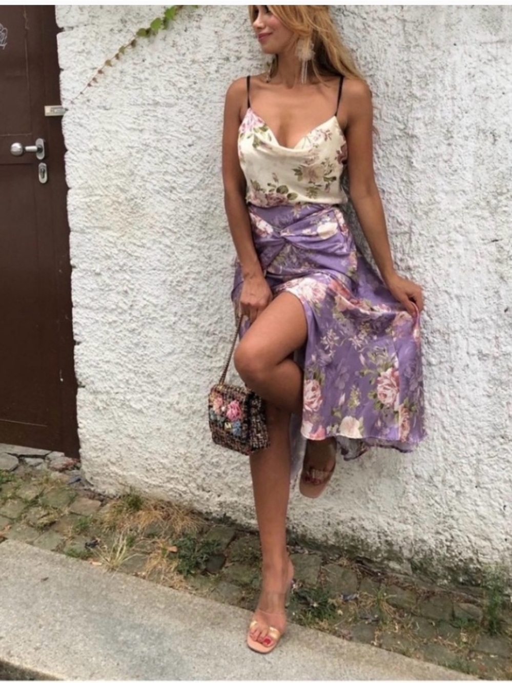 Zara Floral Satin Lavender Midi Skirt - Picture 2 of 8